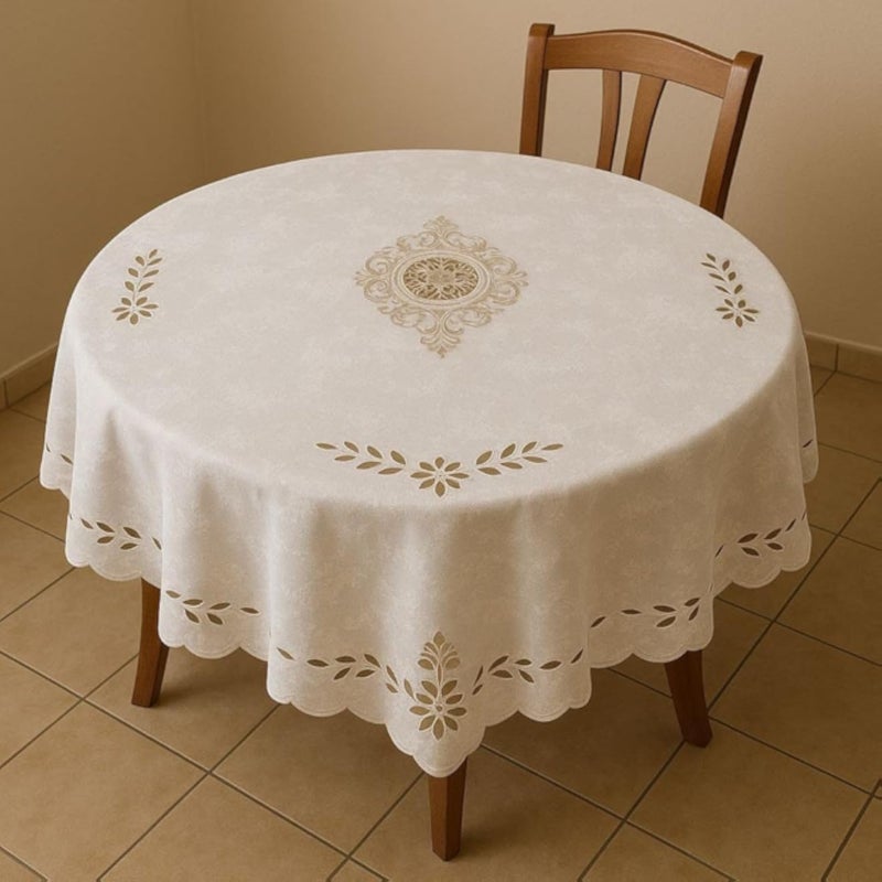 مفرش طاولة دائري أنيق بتصميم عام، مطرز بالزهور، أبيض، قطر 140 سم، حافة مزخرفة، غطاء طاولة طعام مزخرف.